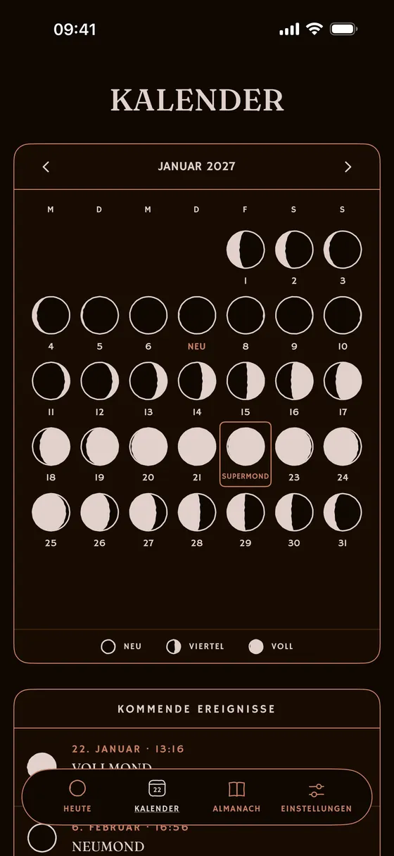 Der Monatskalender, Phase für Phase. — Dunkel