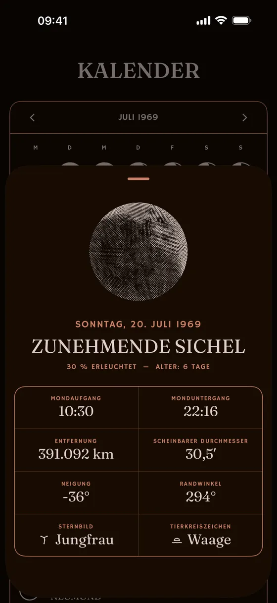 Ein einzelner Tag: Aufgang, Untergang, Entfernung, scheinbarer Durchmesser. — Dunkel