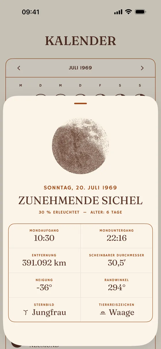 Ein einzelner Tag: Aufgang, Untergang, Entfernung, scheinbarer Durchmesser. — Hell