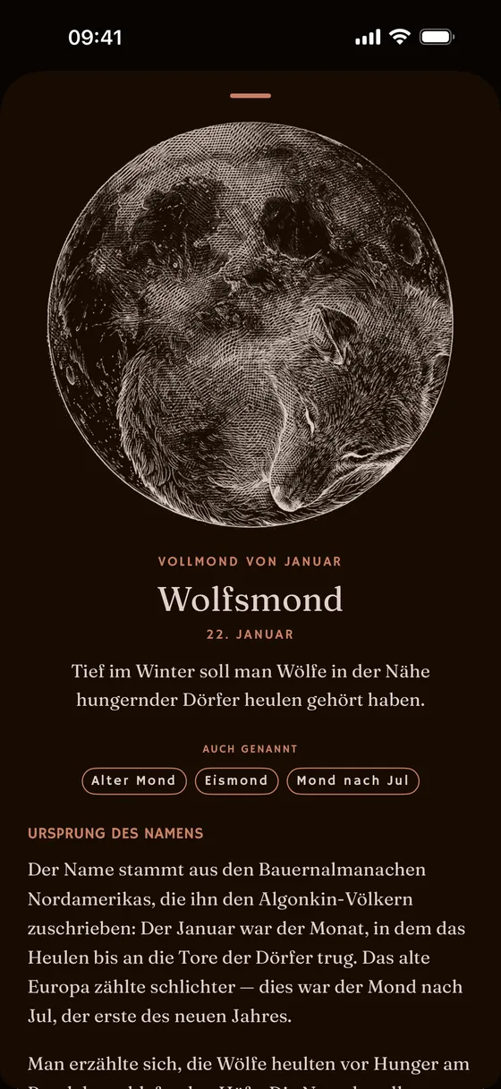 Die Seite eines benannten Vollmonds und sein gezeichnetes Emblem. — Dunkel