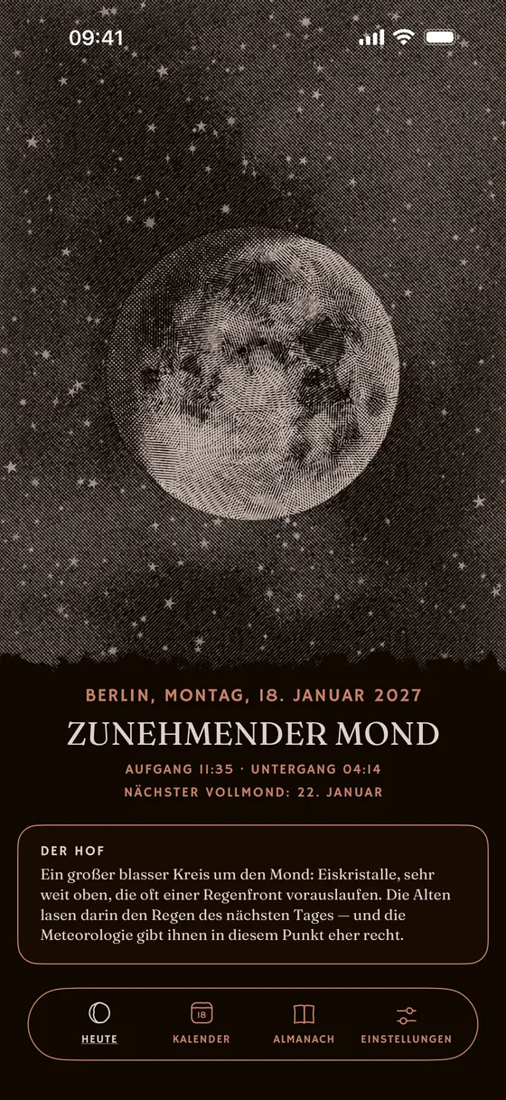 Heute: die Phase, graviert nach der tatsächlichen Position des Mondes. — Dunkel
