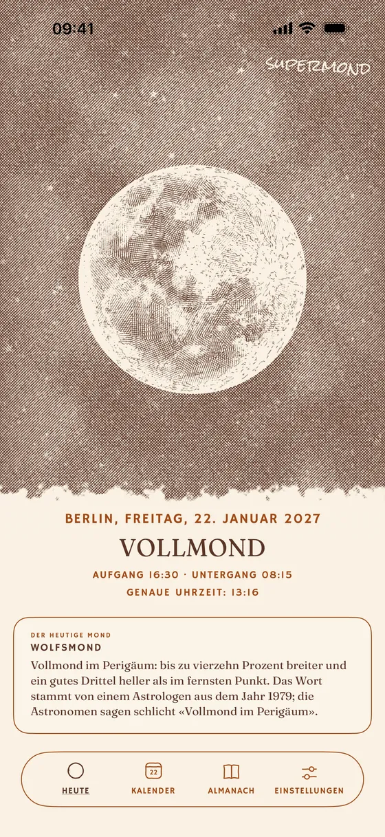 Heute: die Phase, graviert nach der tatsächlichen Position des Mondes. — Hell