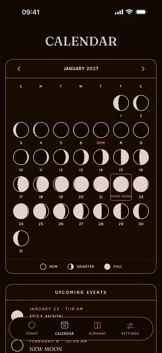 The month's calendar, phase by phase. — Dark