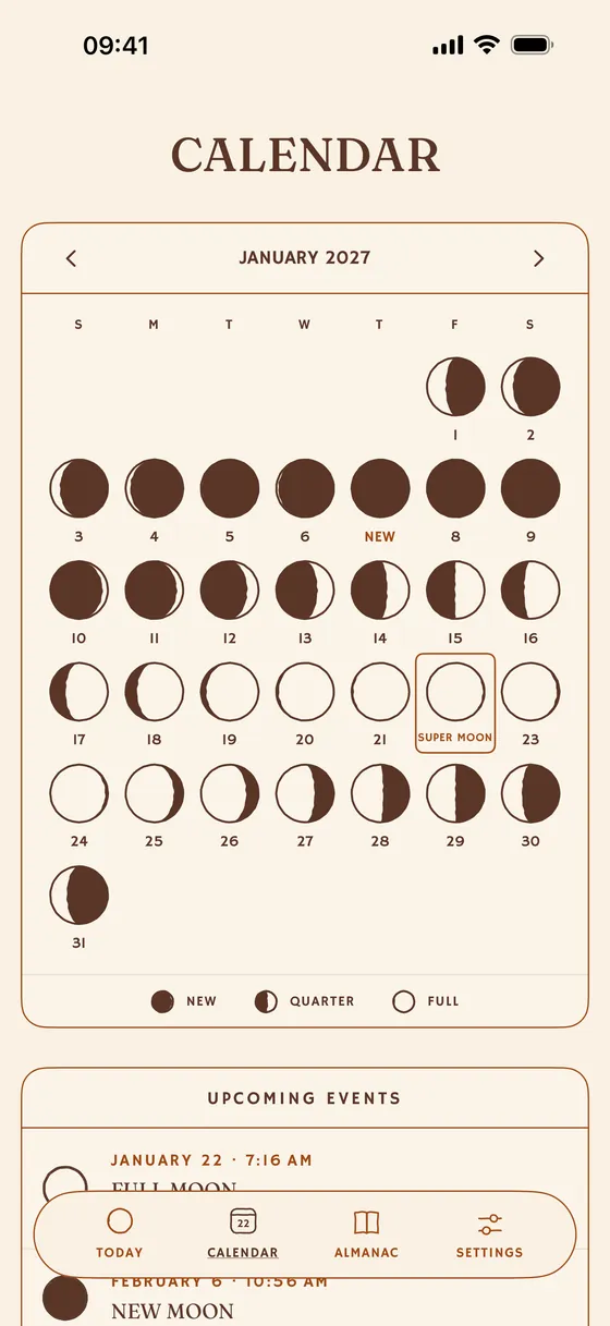 The month's calendar, phase by phase. — Light