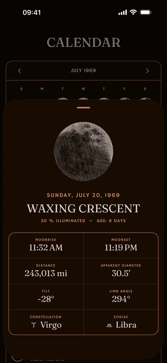 A single day: rise, set, distance, apparent diameter. — Dark