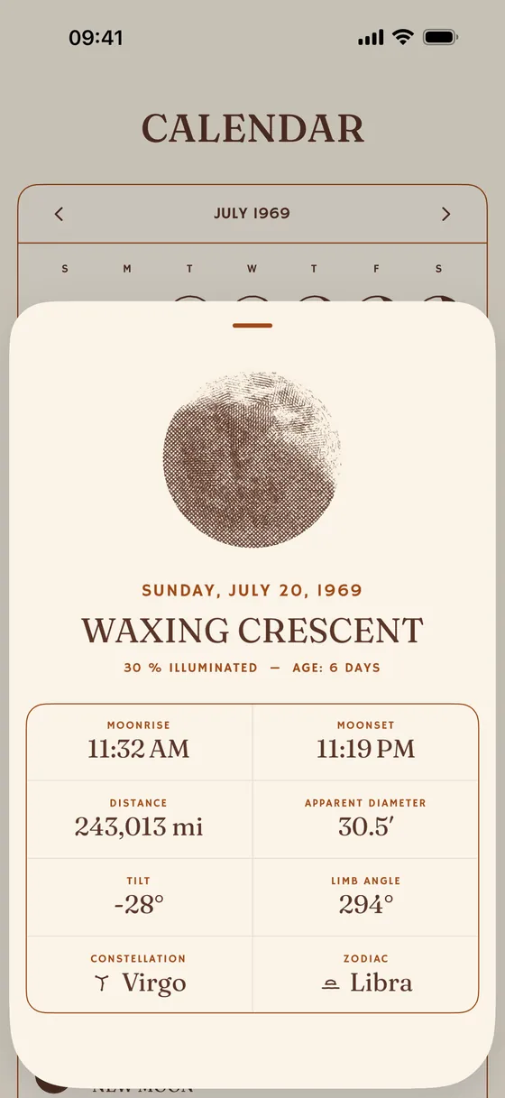 A single day: rise, set, distance, apparent diameter. — Light