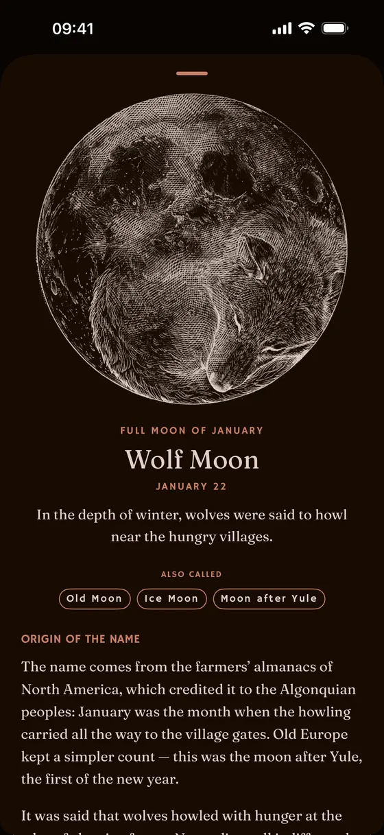 A named full moon's page and its drawn emblem. — Dark