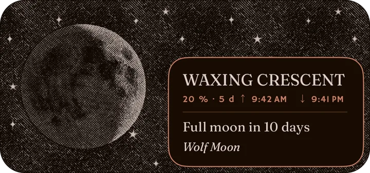 The moon, its phase and its name, medium widget. — Dark