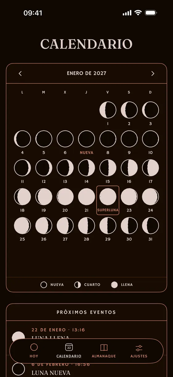 El calendario del mes, fase a fase. — Oscuro