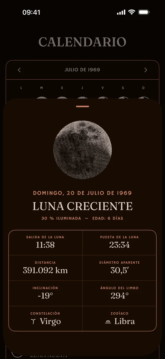 Un solo día: salida, puesta, distancia, diámetro aparente. — Oscuro