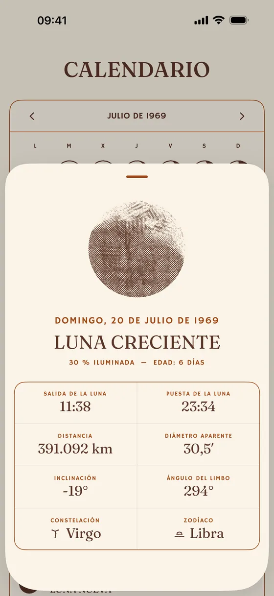 Un solo día: salida, puesta, distancia, diámetro aparente. — Claro