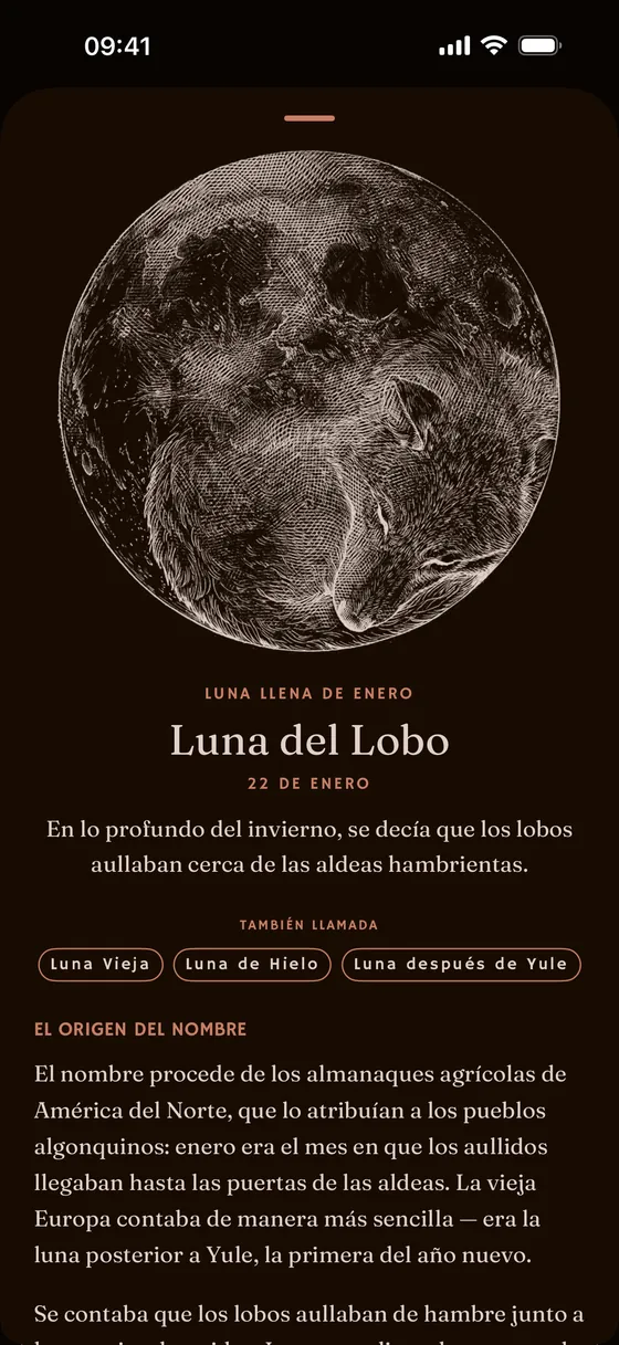 La página de una luna llena con nombre y su emblema dibujado. — Oscuro