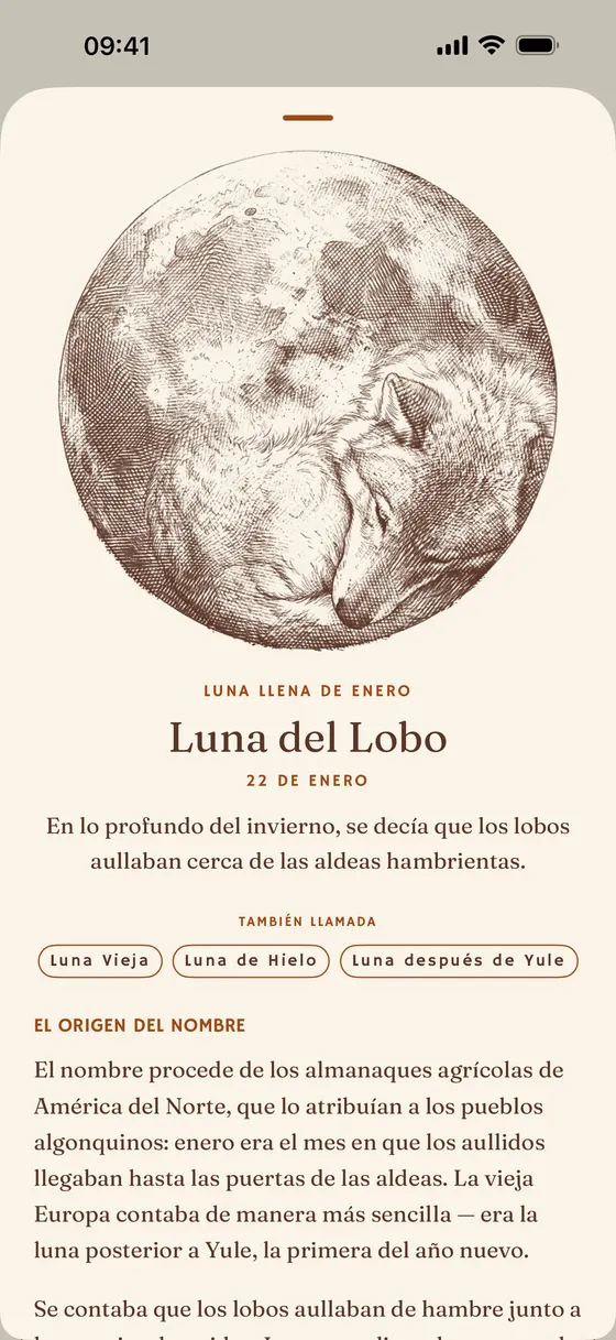 La página de una luna llena con nombre y su emblema dibujado. — Claro