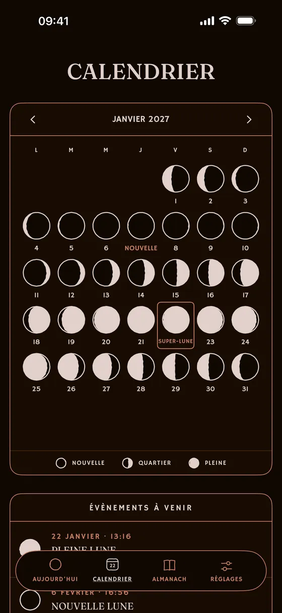 Le calendrier du mois, phase par phase. — Sombre