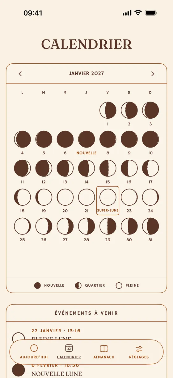 Le calendrier du mois, phase par phase. — Clair