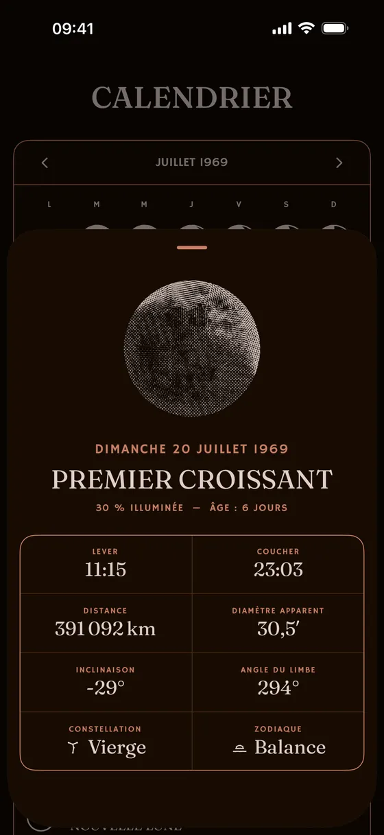 Un jour : lever, coucher, distance, diamètre apparent. — Sombre