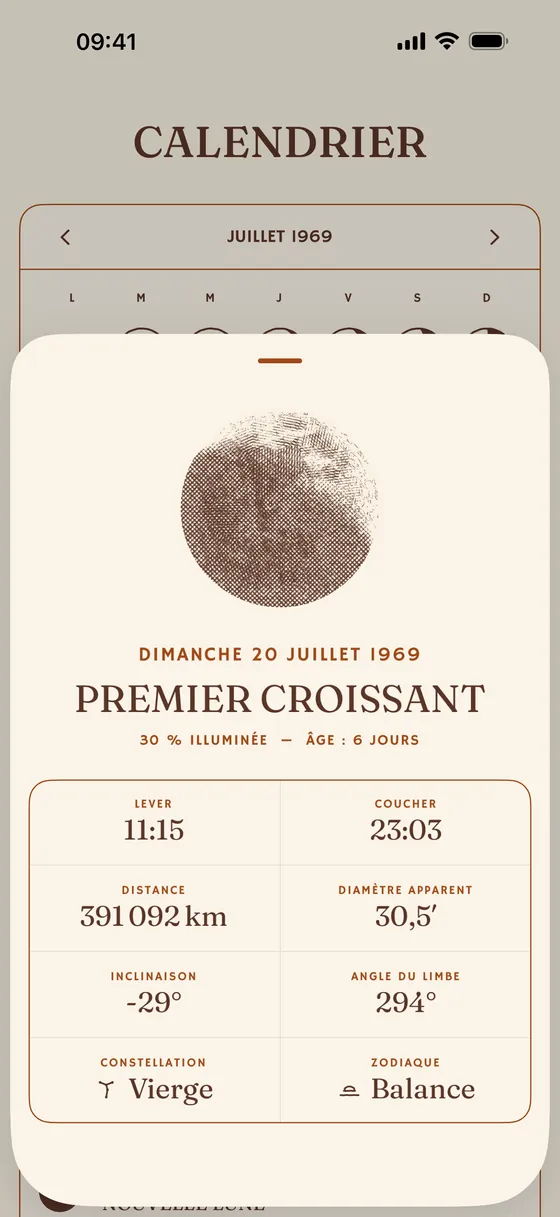 Un jour : lever, coucher, distance, diamètre apparent. — Clair