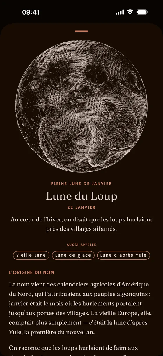 La fiche d'une pleine lune nommée et son emblème dessiné. — Sombre