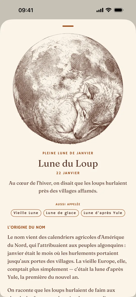 La fiche d'une pleine lune nommée et son emblème dessiné. — Clair