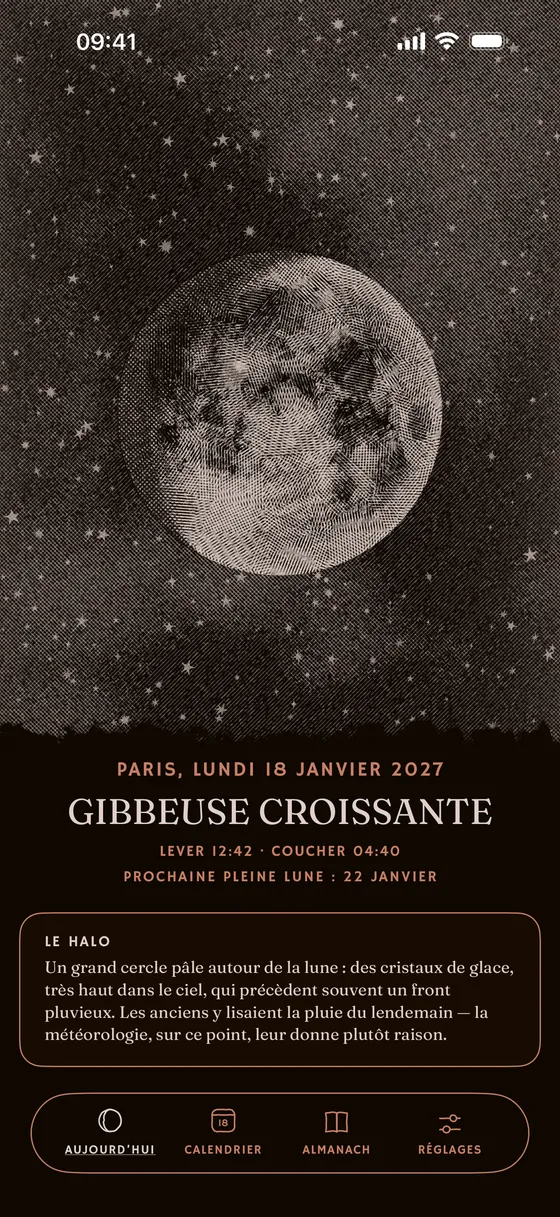 Aujourd'hui : la phase gravée d'après la position réelle de la Lune. — Sombre