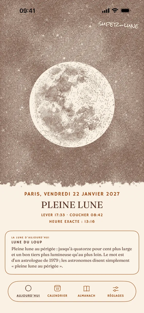 Aujourd'hui : la phase gravée d'après la position réelle de la Lune. — Clair