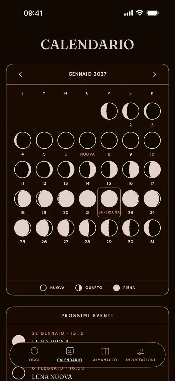 Il calendario del mese, fase per fase. — Scuro