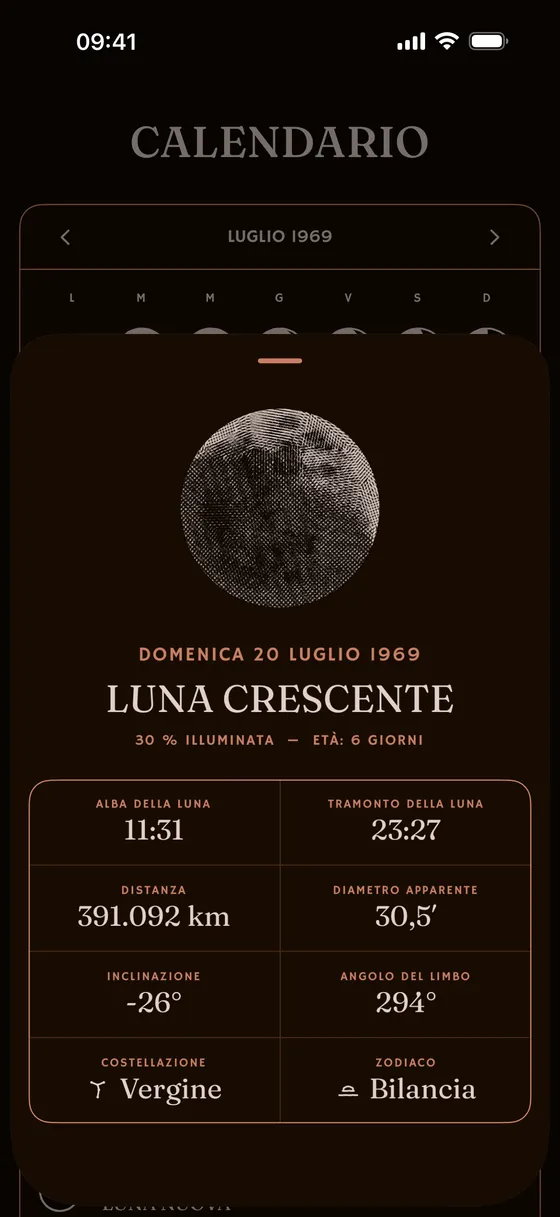 Un solo giorno: sorgere, tramonto, distanza, diametro apparente. — Scuro