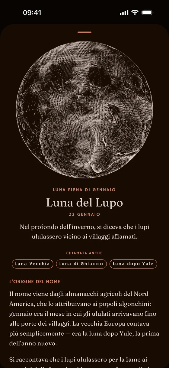 La pagina di una luna piena con nome e il suo emblema disegnato. — Scuro
