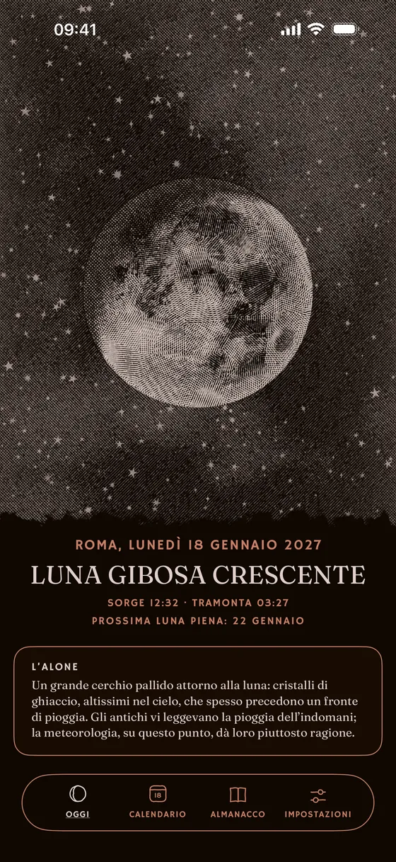 Oggi: la fase incisa secondo la posizione reale della Luna. — Scuro