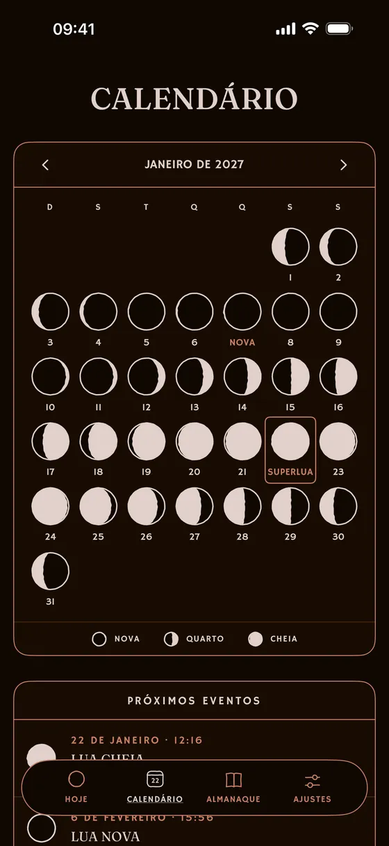 O calendário do mês, fase a fase. — Escuro