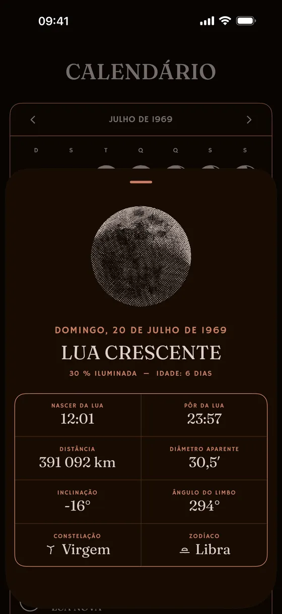 Um só dia: nascer, pôr, distância, diâmetro aparente. — Escuro