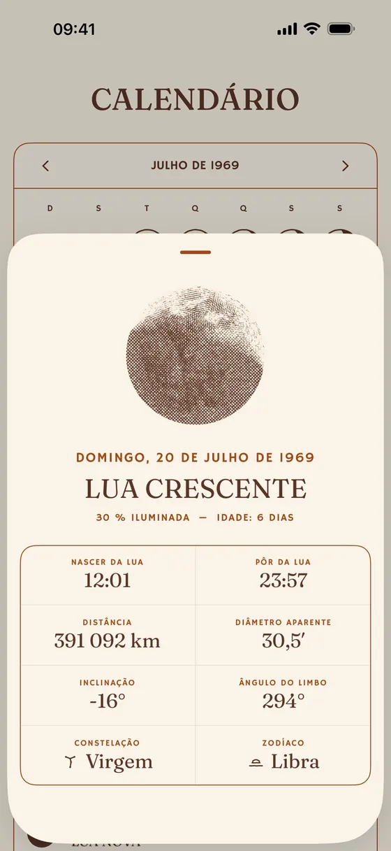Um só dia: nascer, pôr, distância, diâmetro aparente. — Claro