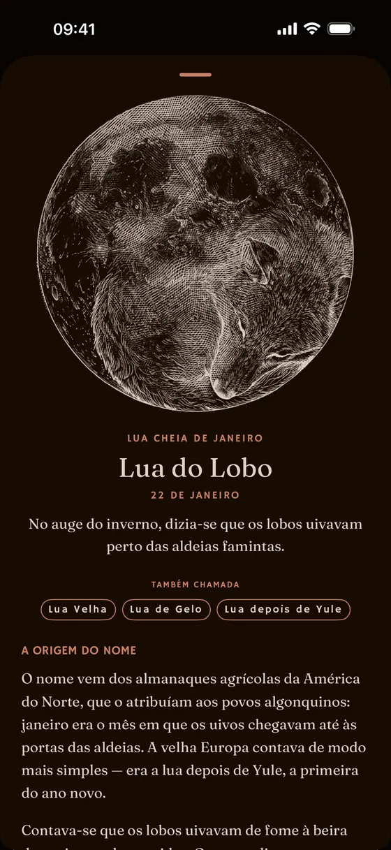 A página de uma lua cheia com nome e o seu emblema desenhado. — Escuro
