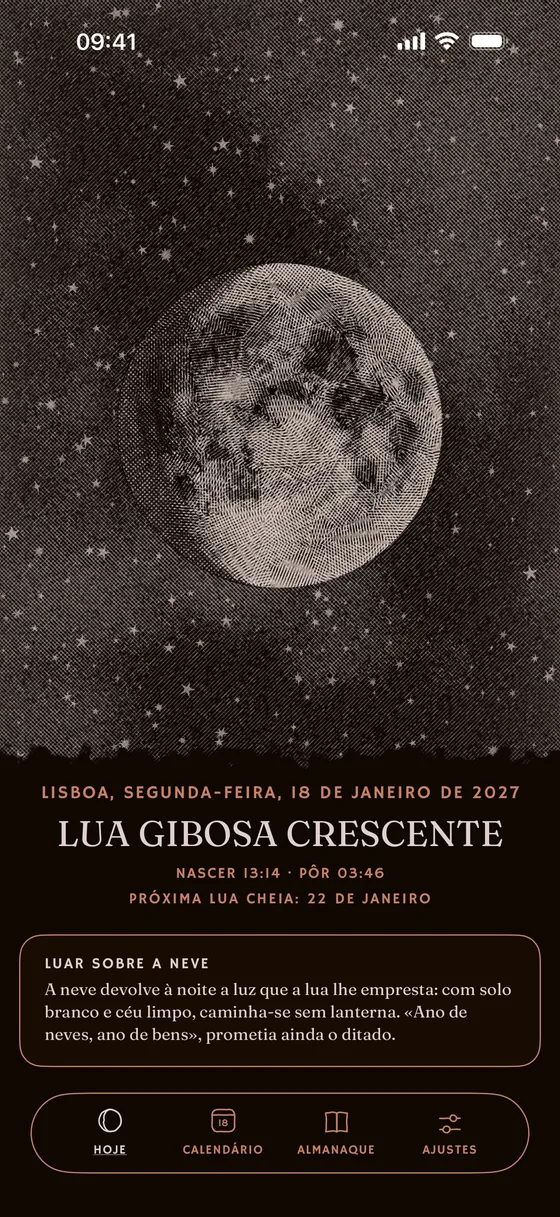 Hoje: a fase gravada segundo a posição real da Lua. — Escuro