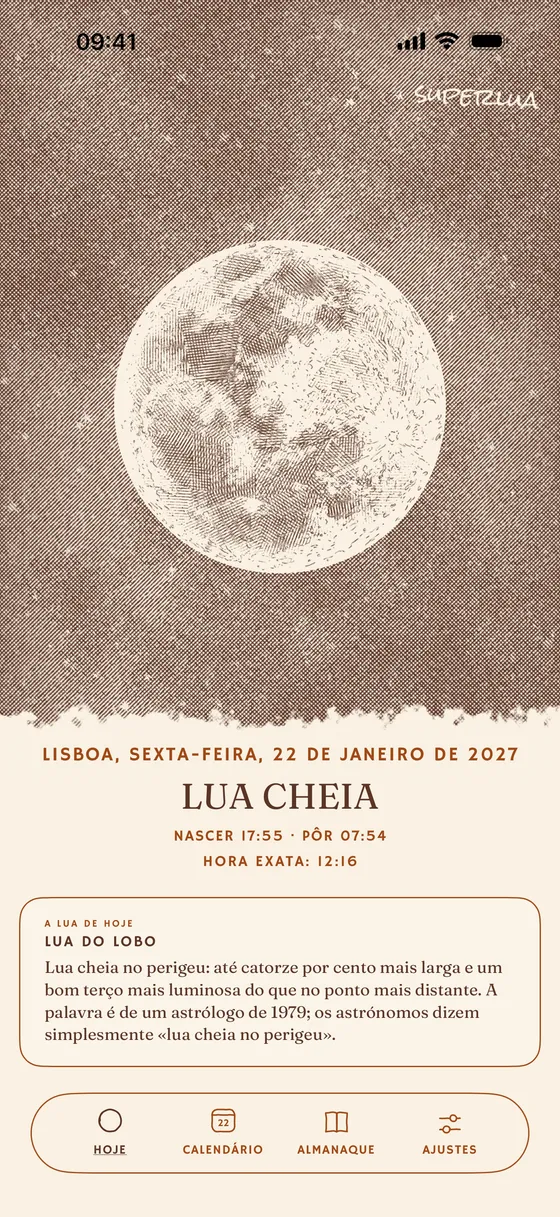 Hoje: a fase gravada segundo a posição real da Lua. — Claro