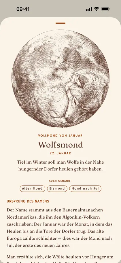 Die Seite eines benannten Vollmonds in Plenilune auf dem iPhone
