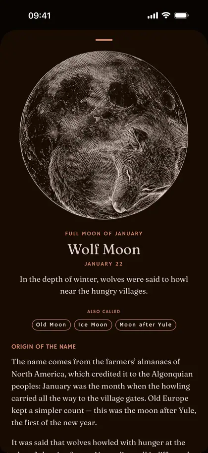 A named full moon's page in Plenilune on iPhone
