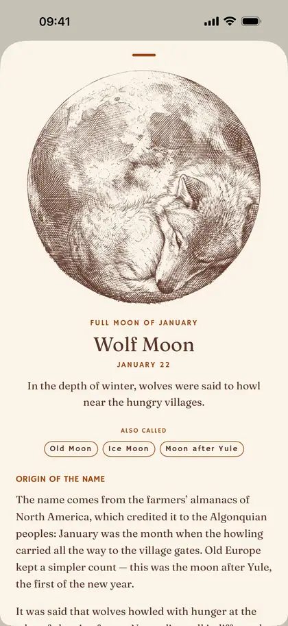 A named full moon's page in Plenilune on iPhone