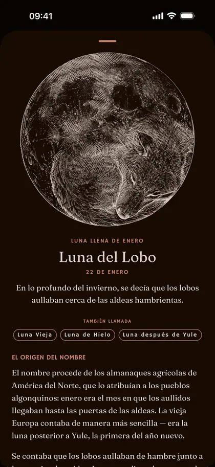 La página de una luna llena con nombre en Plenilune, en el iPhone
