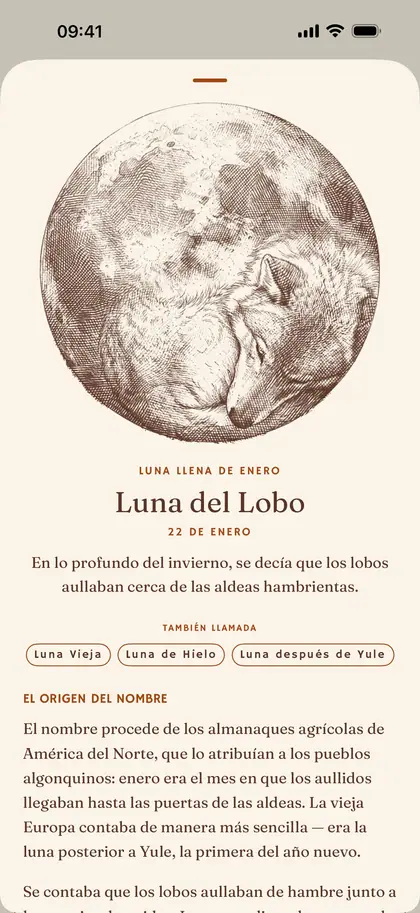 La página de una luna llena con nombre en Plenilune, en el iPhone