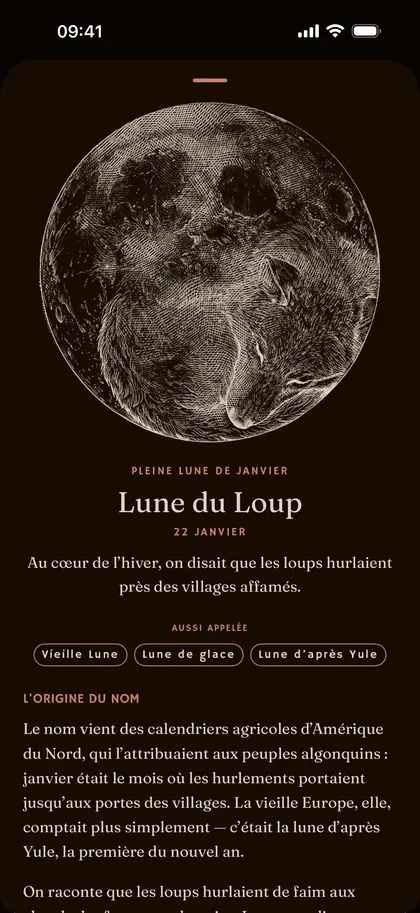 La fiche d'une pleine lune nommée dans Plenilune sur iPhone
