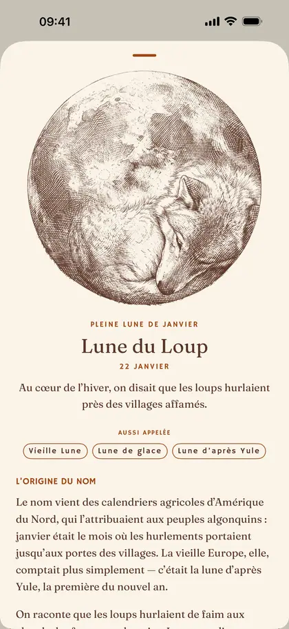 La fiche d'une pleine lune nommée dans Plenilune sur iPhone