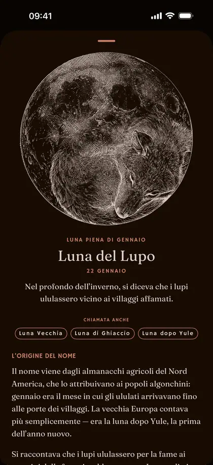 La pagina di una luna piena con nome in Plenilune su iPhone