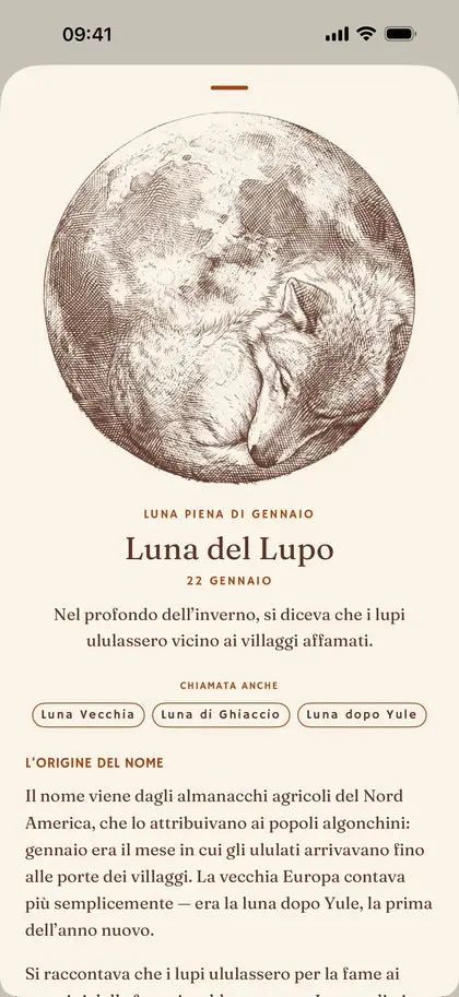 La pagina di una luna piena con nome in Plenilune su iPhone