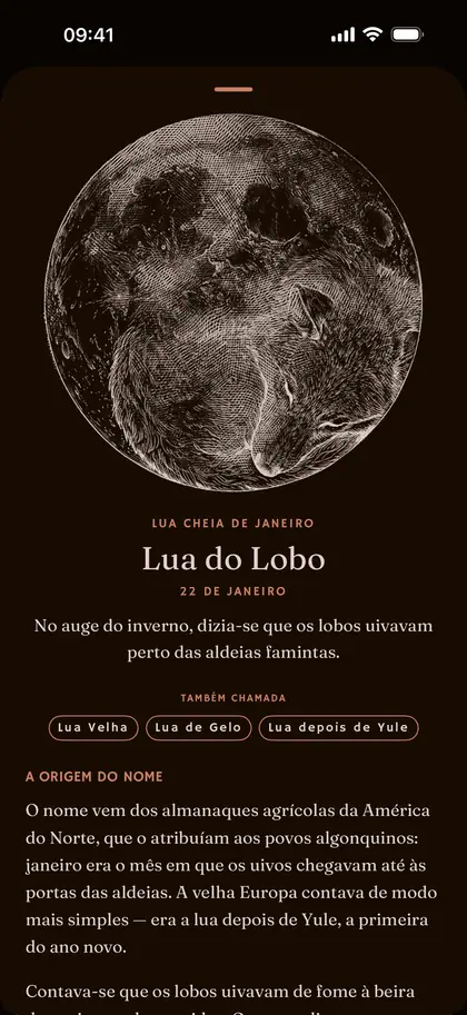 A página de uma lua cheia com nome no Plenilune, no iPhone